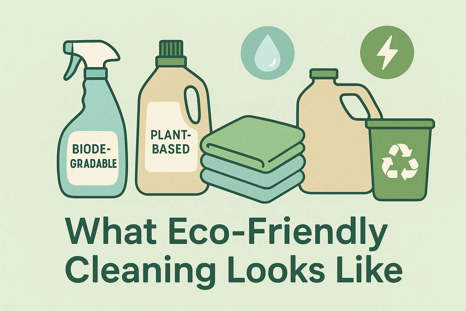 Eco-friendly cleaning products including biodegradable sprays, microfiber cloths, and refillable containers laid out neatly.